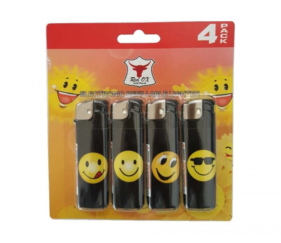 Smiley Pack of 4 Electronic Gas Refillable Lighters RF-834-Smiley-PK4 - Click Image to Close