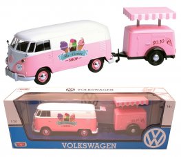 1:24 Volkswagen Type 2 (T1) - Delivery Van and Refrigeration Trailer (Pink with White) MM79672RT  1:24 Volkswagen Type 2 (T1) - Delivery Van and Refrigeration Trailer (Pink with White) MM79672RT