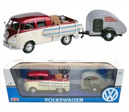 1:24 Volkswagen Type 2 (T1) - Surf Pick up and Tear Drop Trailer (White with Dark Red) MM79673ST  1:24 Volkswagen Type 2 (T1) - Surf Pick up and Tear Drop Trailer (White with Dark Red) MM79673ST