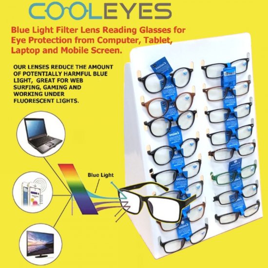 96 Pairs Anti Blue Light Lens Reading Glasses Package Deal, First Order with Free Lease Sunglasses Display Counter Stand CS16